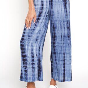 MYSTREE Blue Tie-Dye Smocked Waist Wide Leg Pants | Boho Comfy Summer Lounge